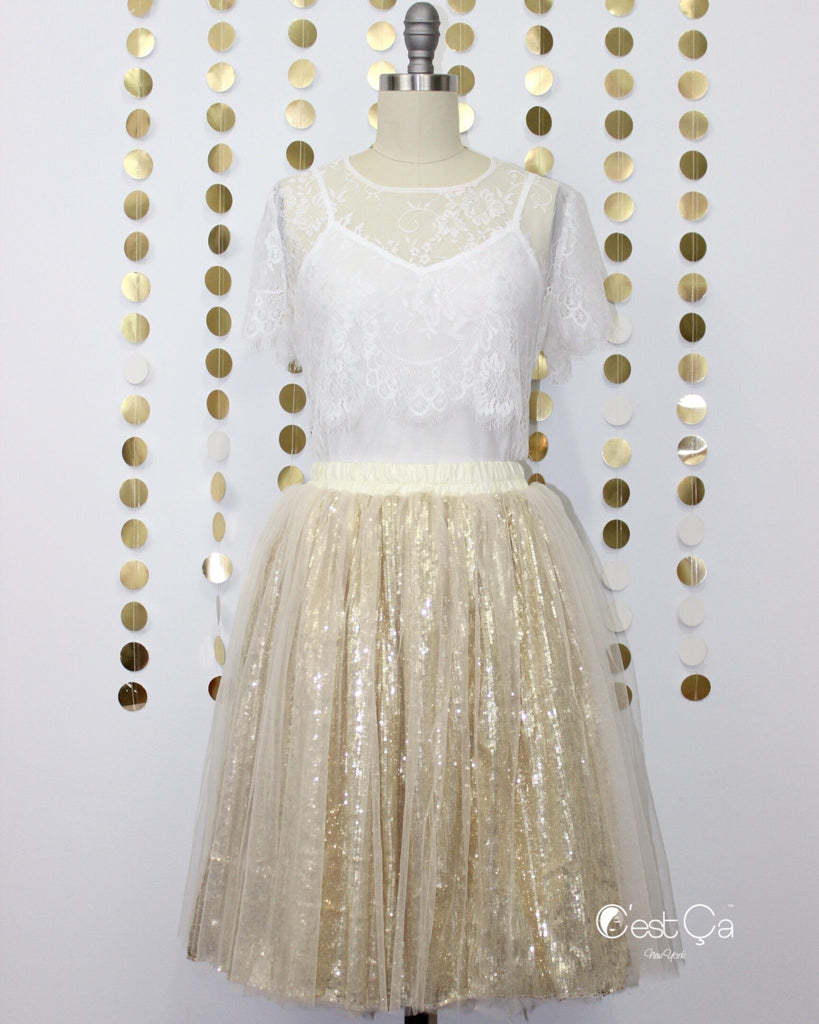 Gold sequin skirt white top cheap dress