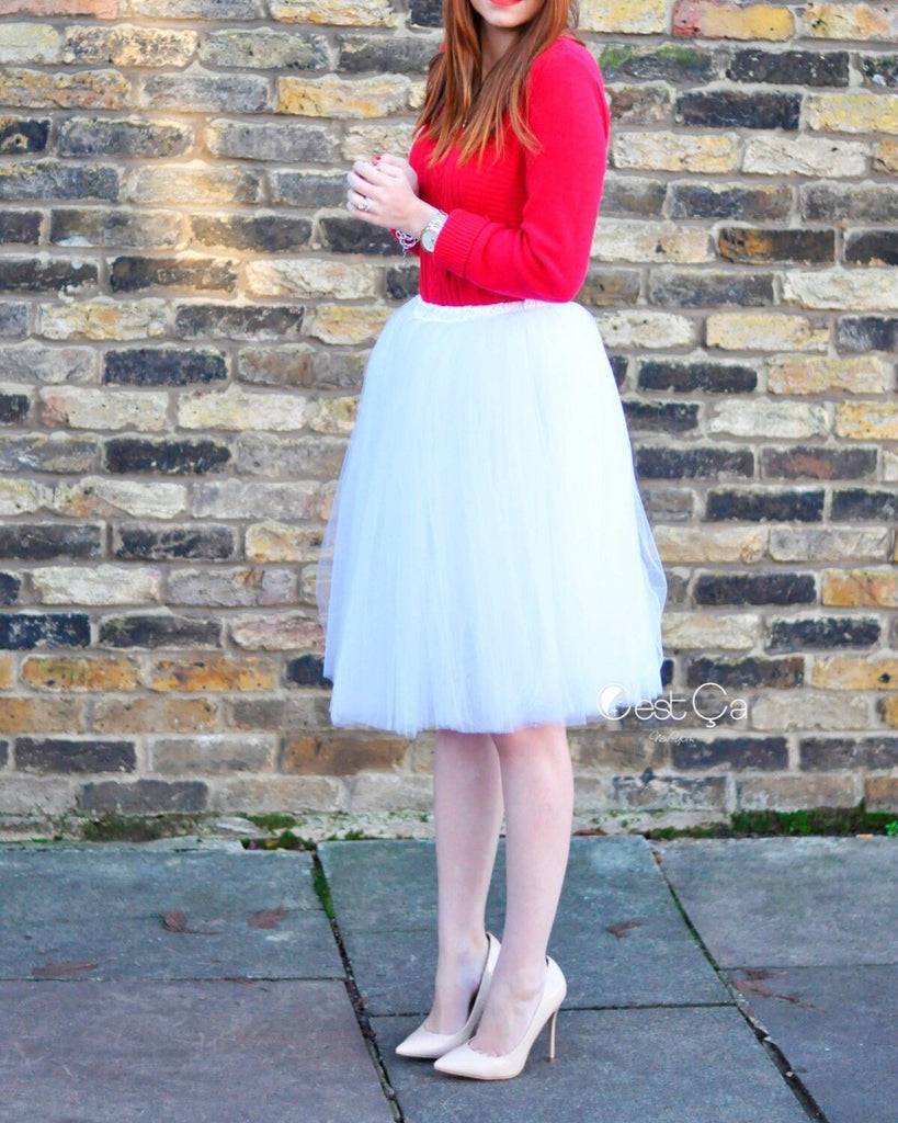 Clarisa Cream White Tulle Skirt - Midi Regular Midi (23.5) / Custom Plus Size