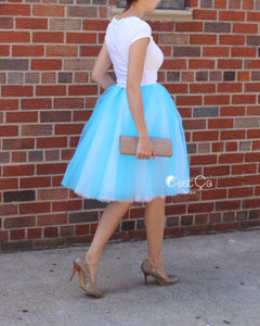 Clarisa Ombré Tulle Skirt - White & Aqua Blue, Midi - C'est Ça New York