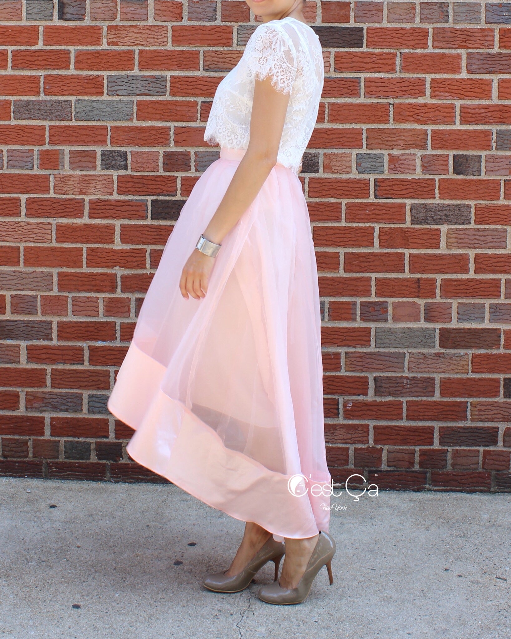 Donna Blush Pink High-Low Satin Organza & Tulle Skirt – C'est Ça New York