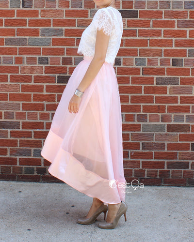 SAMPLE Donna Blush Pink High-Low Satin Organza & Tulle Skirt (size 10/12) - C'est Ça New York