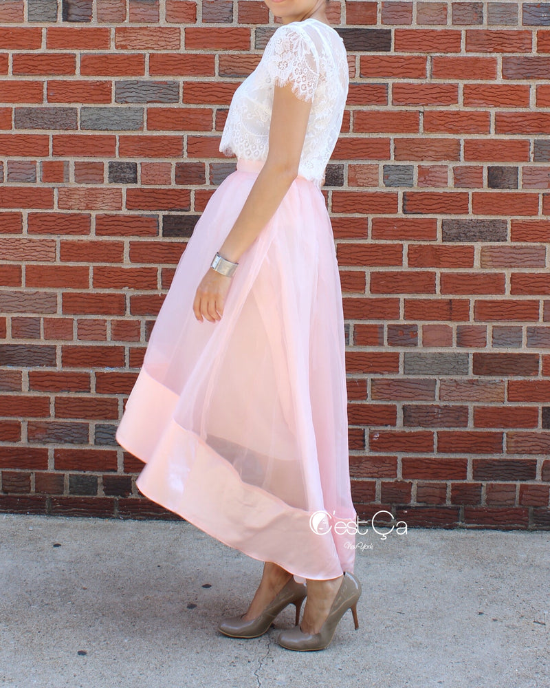 Donna Blush Pink High Low Satin Organza Tulle Skirt C est Ca New York